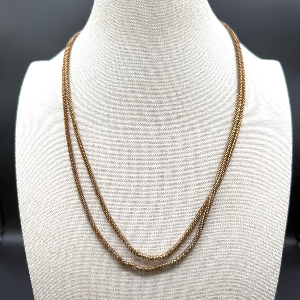 Gold Tone Long Woven Mesh Chain Necklace Double Strand Layering Minimalist Boho